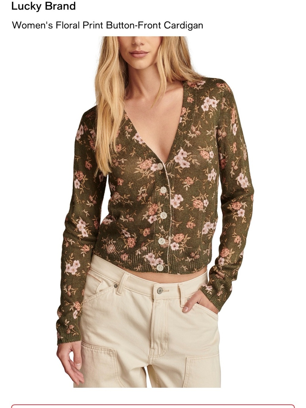 Lucky Brand Olive Green Floral V‑Neck Button Cardigan - Picture 3 of 6